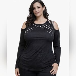 Women's Cold Shoulder Studded Longsleeve Tee, Size L